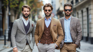 Three stylish men in fashionable outfits confidently walking in an urban setting, representing modern male fashion and trends.