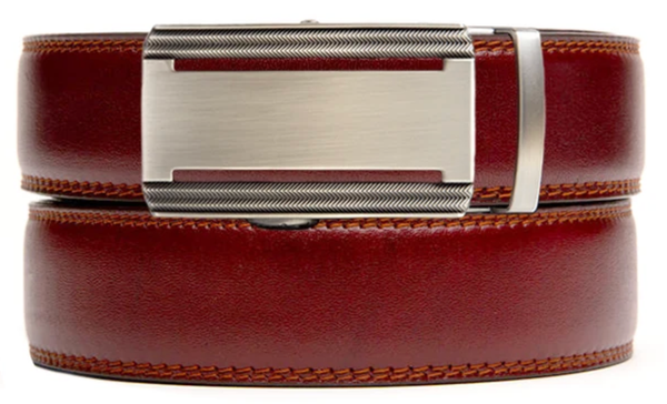 coffee colored leather belt with gunmetal buckle
