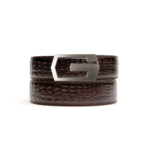 brown textured no hole belt strap with gunmetal ratchet belt buckle