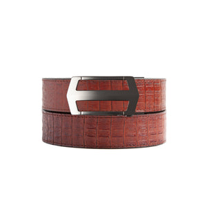 reddish no hole leather belt strap with matte black ratchet belt buckle