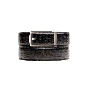 black textured holeless belt strap with gunmetal ratchet buckle