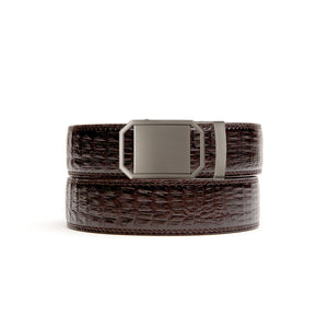 brown textured no hole belt strap with gunmetal ratchet belt buckle