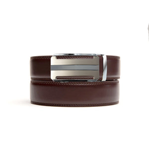dark brown no hole belt strap with silver ratchet belt buckle