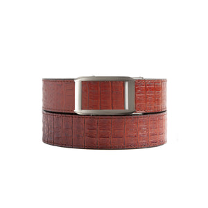 red textured no hole belt strap with gunmetal ratchet belt buckle