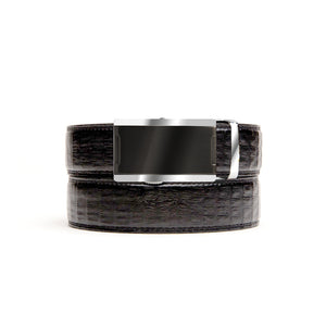 Black faux crocodile holeless belt strap with Norfolk ratchet buckle