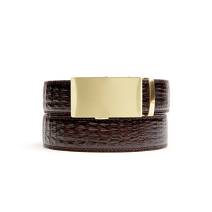 Brown faux crocodile holeless belt strap with gold ratchet buckle