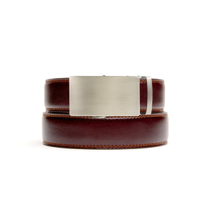 Mahogany colored holeless belt strap with ratchet buckle