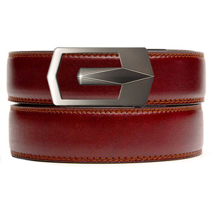 brown holeless belt strap with gunmetal ratchet buckle