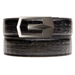 Black faux crocodile holeless belt strap with ratchet buckle