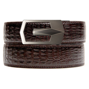brown faux crocodile holeless strap with ratchet buckle