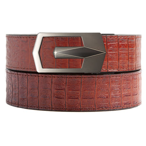 faux red crocodile holeless belt strap with gunmetal ratchet buckle