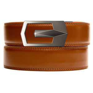 walnut brown leather holeless belt strap with ratchet buckle