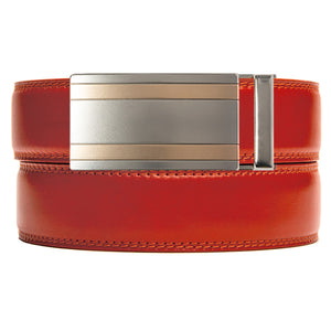 Orange leather no hole belt strap with silver/copper ratchet buckle