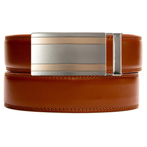 brown no hole belt strap with silver/copper ratchet buckle