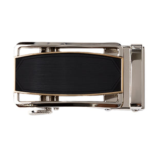 Shiny gold frame surrounding a black insert encompassed by a silver frame ratchet belt buckle