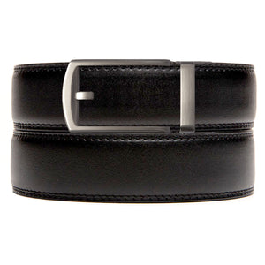 black holeless belt with gunmetal ratchet buckle