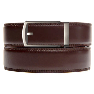 dark brown holeless belt strap with ratchet buckle