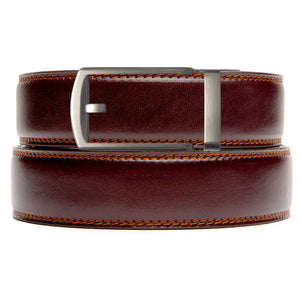 red brown holeless belt strap with gunmetal ratchet buckle
