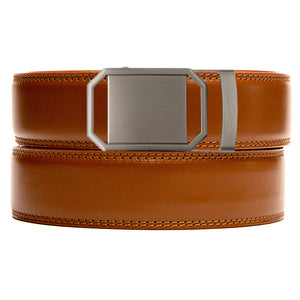 light brown no hole belt strap with gunmetal ratchet belt buckle