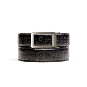 black textured no hole belt strap with gunmetal ratchet belt buckle