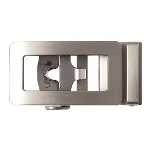 Gunmetal frame in a minimalist shape with straight edges ratchet belt buckle