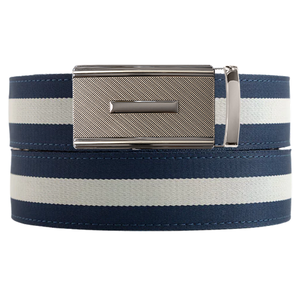 Durham black belt buckle on the Navy / White Cloth Strap
