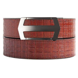 Devon minimalist belt buckle on the Faux Cayenne Crocodile Belt Strap