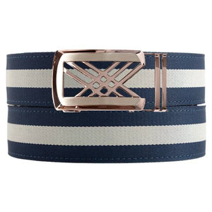 The Warwick rose gold belt buckle with the Navy / White Cloth Strap