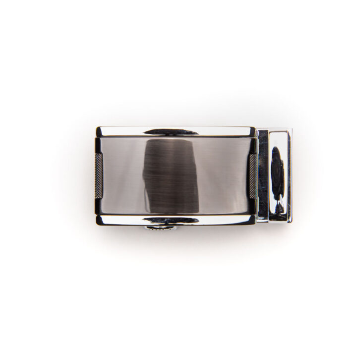 Buckle with Shiny silver frame with brushed black finish inset with embellishment on front tip
