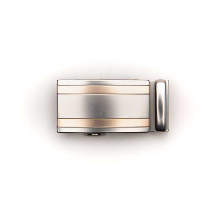 Brushed Silver finish with two bold horizontal copper stripes