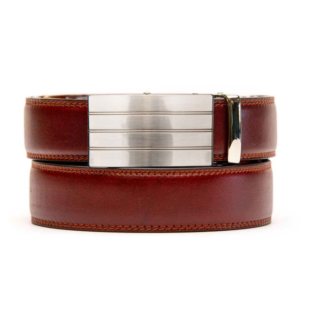 Coffee colored leather holeless strap with a Dorset silver buckle