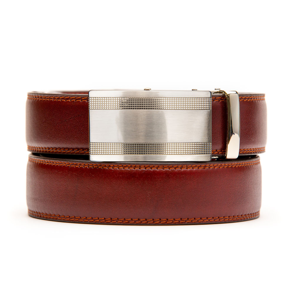 full grain leather holeless belt strap with silver ratchet buckle