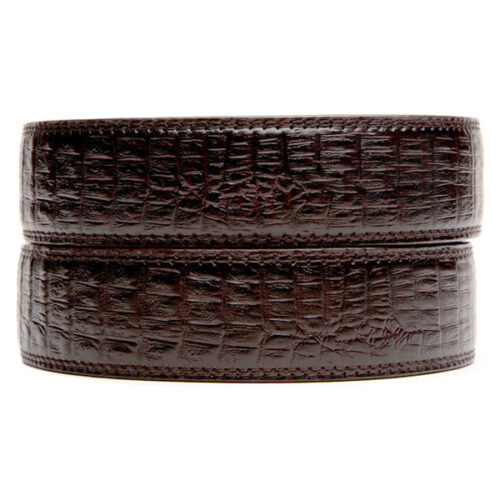 no hole leather belt strap in faux crocodile pattern in brown