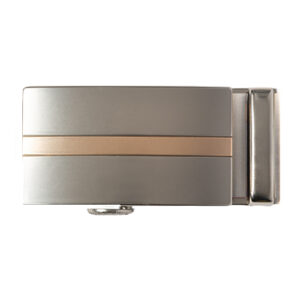 silver ratchet belt buckle with copper stripe