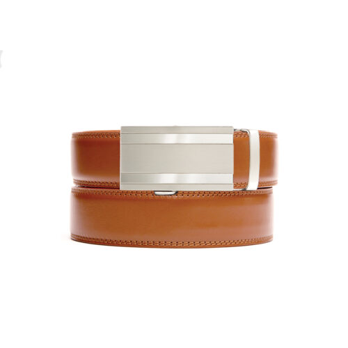 Tan leather holeless belt strap with Cornwall buckle