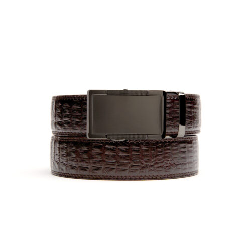 Brown faux crocodile holeless belt strap with Hampshire ratchet buckle