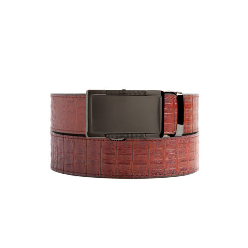 Cayenne colored holeless belt strap with Hampshire ratchet buckle