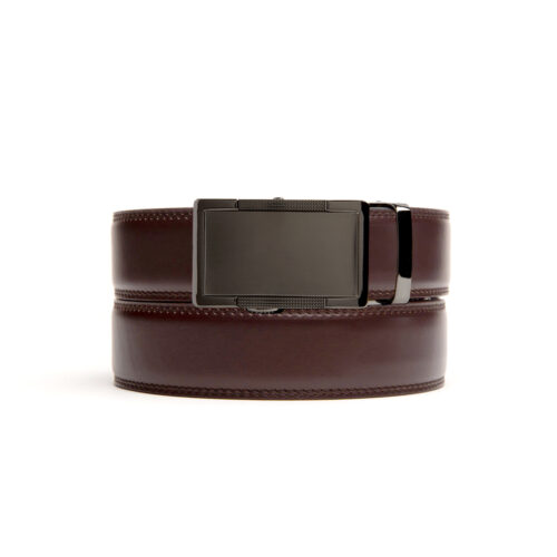 dark brown no hole belt strap with black ratchet belt buckle
