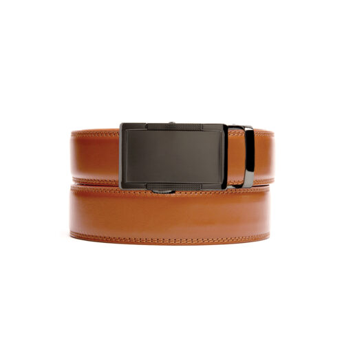 Tan holeless belt strap with Hampshire ratchet buckle