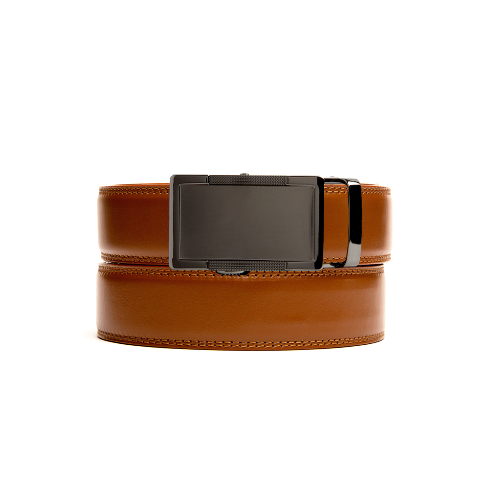Walnut colored holeless belt strap with Hampshire ratchet buckle