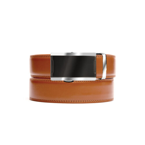 Tan holeless belt strap with black and silver ratchet buckle