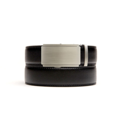 Black leather holeless belt strap with ratchet buckle