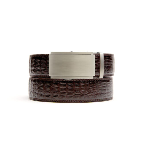 brown faux crocodile holeless belt strap with a ratchet buckle