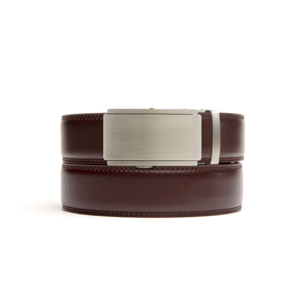 Espresso colored leather holeless belt strap with ratchet buckle