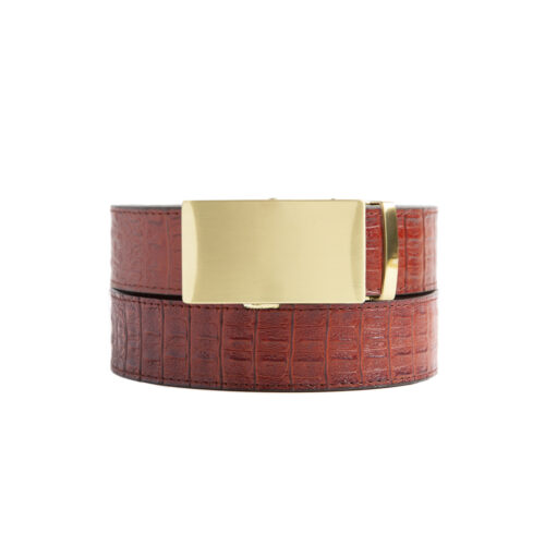red/brown faux crocodile holeless belt strap with gold ratchet buckle