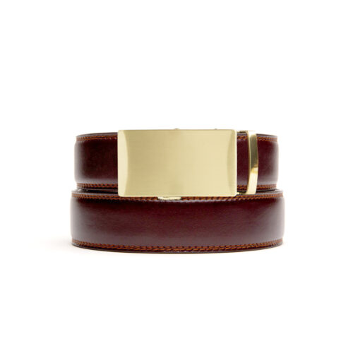 Mahogany colored holeless belt strap with a gold ratchet buckle