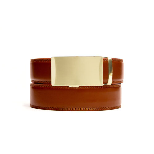 light brown holeless belt strap with gold ratchet buckle