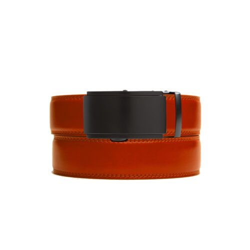 Apricot colored holeless belt strap with matte black ratchet buckle
