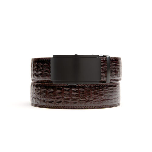 Brown faux crocodile holeless belt strap with black ratchet buckle