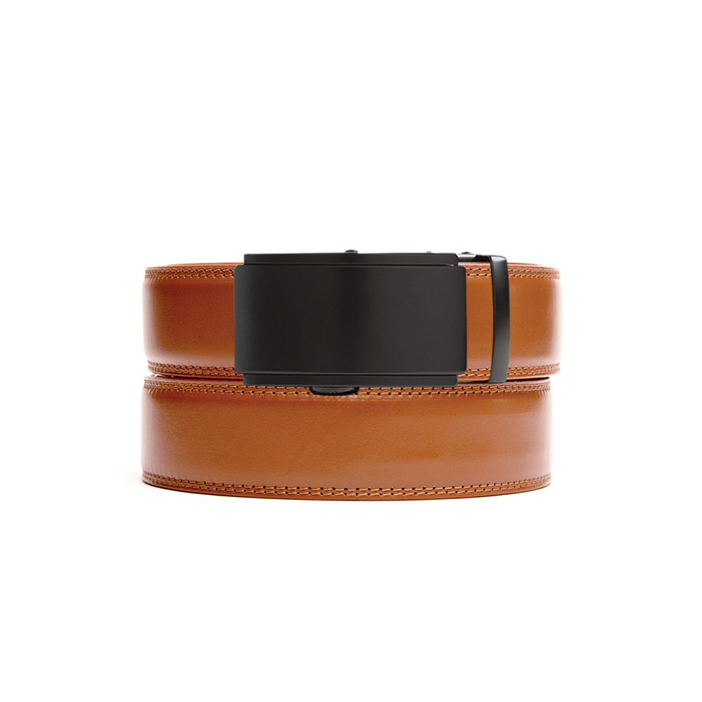 Tan leather holeless belt strap with matte black ratchet buckle